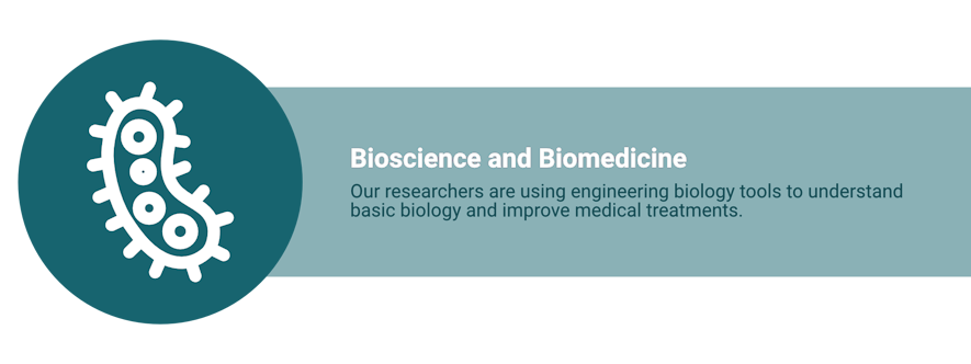 On the left, a white icon on a circular dark teal background shows a bacterial cell. On the right is text reading “Bioscience and Biomedicine. Our researchers are using engineering biology tools to understand basic biology and improve medical treatments."