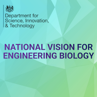 Blue and green background. In the top left is the UK government crest with black text that reads ‘Department for Science, Innovation & Technology’. In the centre purple text reads ‘National Vision for Engineering Biology’.