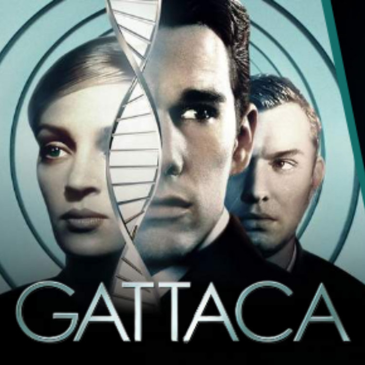 A combination of the posters for the films GATTACA and Human Nature. The GATTACA poster shows three peoples faces bisected by a strand of DNA. The Human Nature poster shows a 3D rendered image of a protein