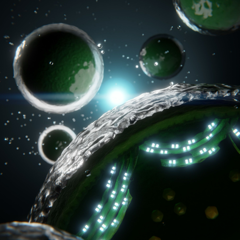A dark background with a stylised illustration of a synthetic cell