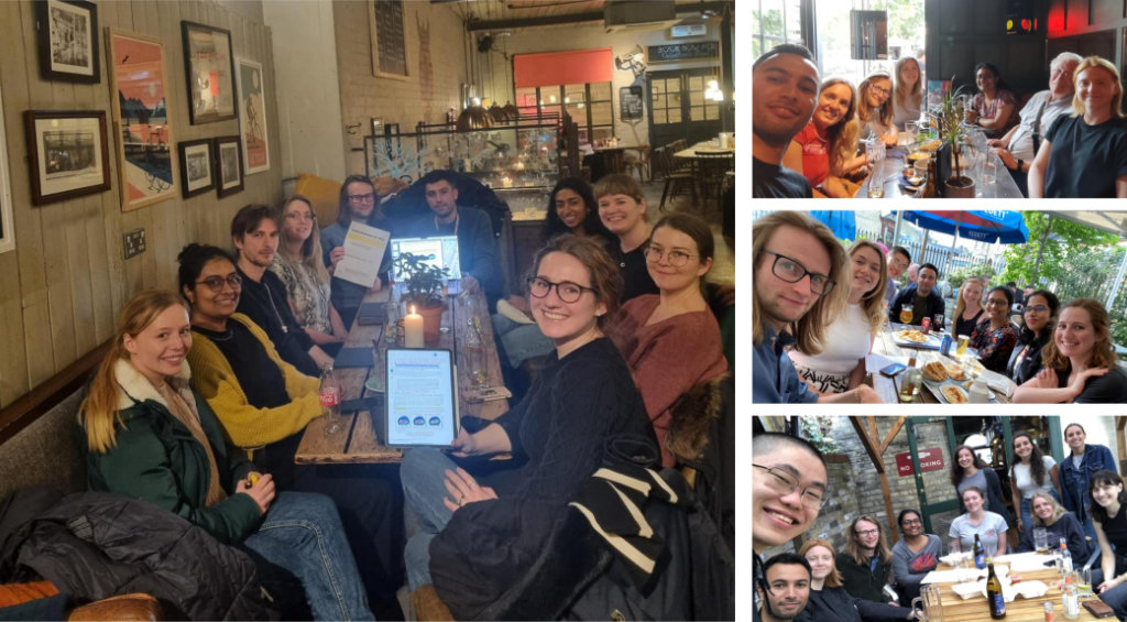 A collage of photos of people sitting round large tables in a pub and smiling