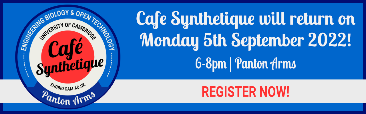 Cafe Synthetique logo of a red white and blue coaster with the text "Cafe Synthetique will return on  Monday 5th September 2022! 6-8pm | Panton Arms | REGISTER NOW!"