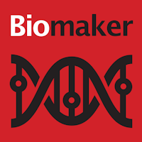 Red background with stylised black DNA icon and white and black text reading ‘Biomaker’