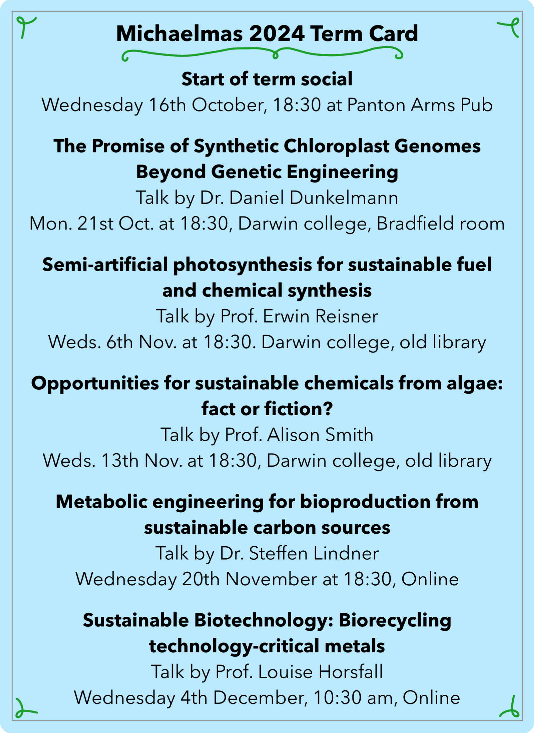 Term card with details of Climate Synthetic Biology Society events in Michaelmas Term 2024. Details provided as text below.
