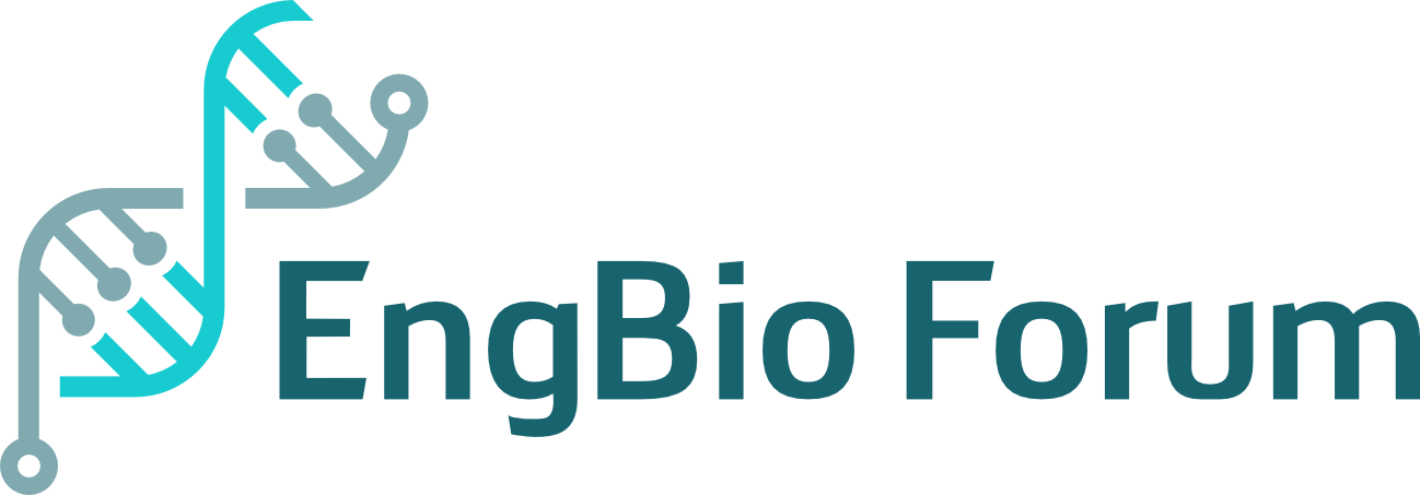 EngBio Forum Logo - IRC logo of a connected DNA ladder with the text "EngBio Forum" in teal and aqua IRC colours