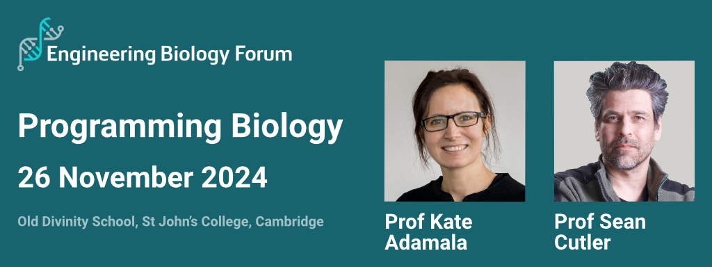 Dark teal background with Engineering Biology Forum logo, photos of two speakers and text which is repeated below the image
