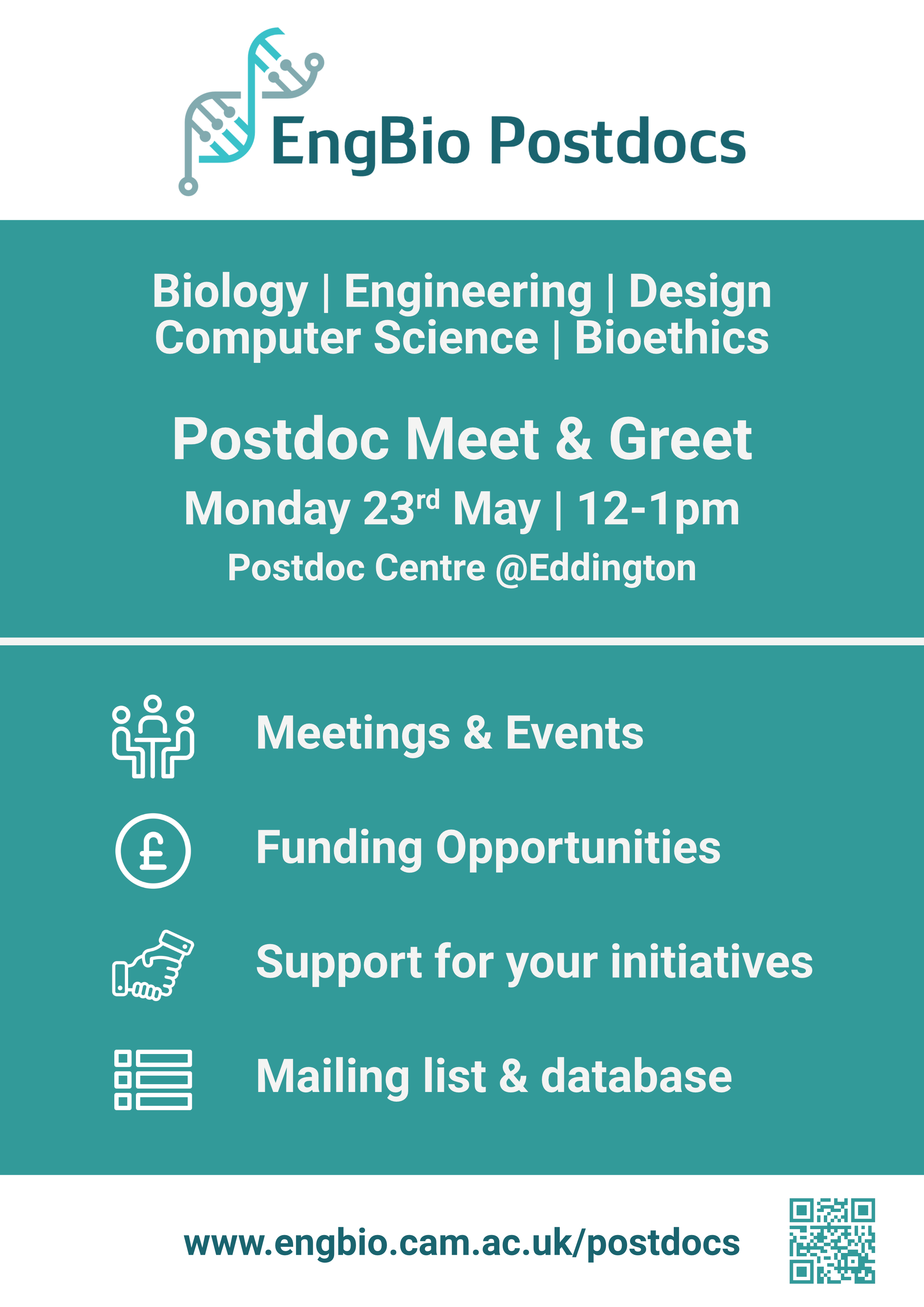 EngBio Postdocs Meet and Greet - Monday 23rd May - 12-1pm - Postdoc Centre @Eddington - Register Now