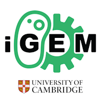Image of the iGEM logo - a green cell and cog with the text iGEM across them - and the university of Cambrige logo - a quartered shield, red with a white cross and yellow lions - below.