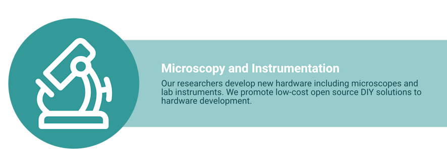 On the left is an icon of a microscope. On the right is text reading “Microscopy and Instrumentation. Our researchers develop new hardware including microscopes and lab instruments. We promote low-cost open source DIY solutions to hardware development."