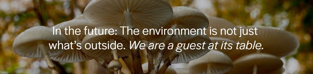 Picture of mushrooms with the text "In the future: The environment is not just what's outside. We are guests at its table."