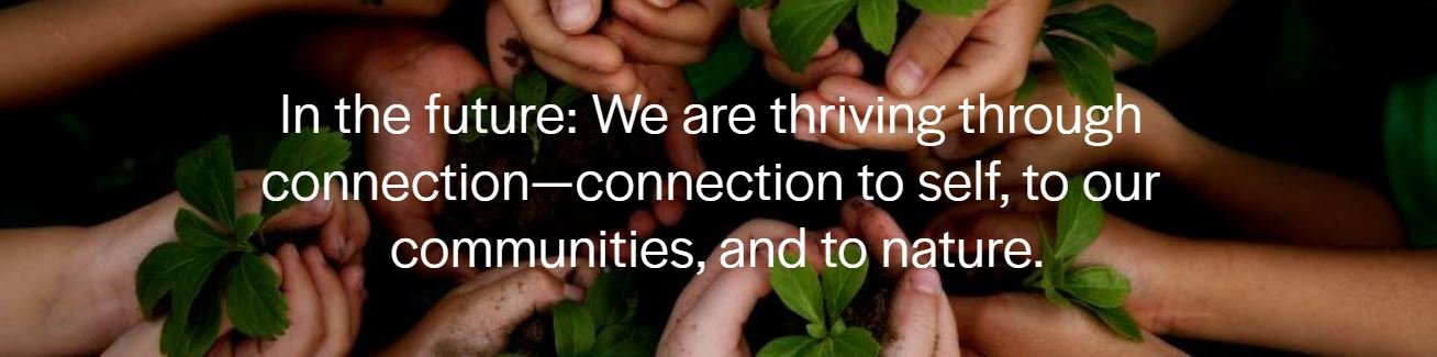 Photo of children's hands holding leaves with the text "In the future: We are thriving through connection - connection to self, to our communities, and to nature."
