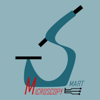 Light teal background with a stylised icon of a microscope in dark teal and black with teal and red text that reads ‘Smart Microscopy’.