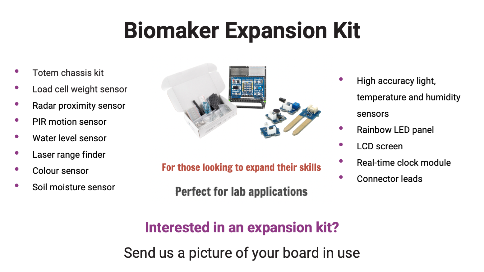 Biomaker Expansion Kit | Learn how to add new devices | Interested in an expansion kit? Send us a picture of your board in use