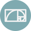 Image of a white icon on a circular light teal background. Icon shows the golden ratio.