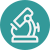 Image of a white icon on a circular teal background. Icon shows a microscope.