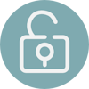 Image of a white icon on a circular light teal background. Icon shows an open padlock.