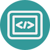 Image of a white icon on a circular teal background. Icon shows a screen with the coding symbols </> in the centre.