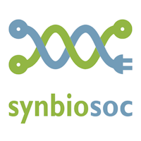 Logo of a double stranded helix, one strand in bright green and one in silvery blue. Three of the strands end in circular nodes, the fourth ends in a plug socket. Text below reads ‘synbiosoc’.