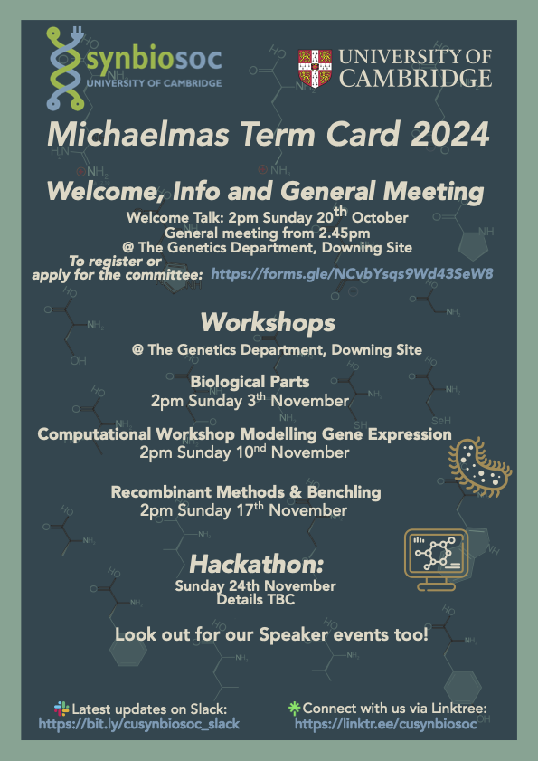 Term card with details of SynBioSoc events in Michaelmas Term 2024. Details provided as text below.