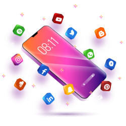 Image of a phone surrounded by app icons