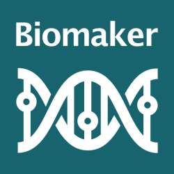 Biomaker Logo - dark teal background with white text "Biomaker" and a white DNA logo beneath