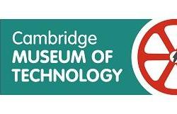 Museum of Technology banner. Left: turquoise background with white writing 'Cambridge Museum of Technology'. Middle: museum logo, a red wheel logo with a lightening bolt in the centre. Right: white background with turquoise text 'Celebrating 50 Years'