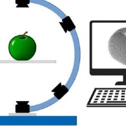 Schematic of Pheno3D device: on the left a stand with an apple in the centre and four cameras surrounding it, on the right a laptop with a 3D reconstruction of an apple