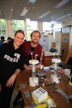 Stéphanie Polderdijk (Cambridge Institute for Medical Research) and Wolfgang Schmied (MRC LMB) with their low-cost chromatography system for protein purification 