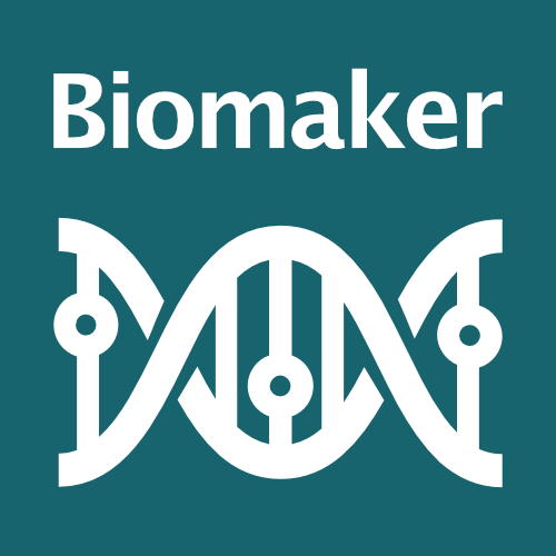 Biomaker Logo - dark teal background with white text "Biomaker" and a white DNA logo beneath