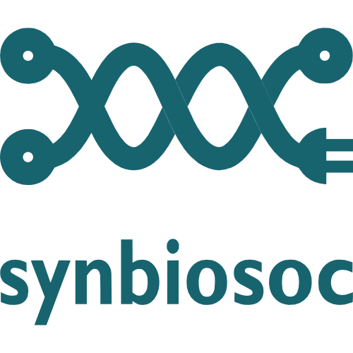 SynBioSoc Logo - DNA logo with terminals and a plug on one end with the text "synbiosoc" in teal