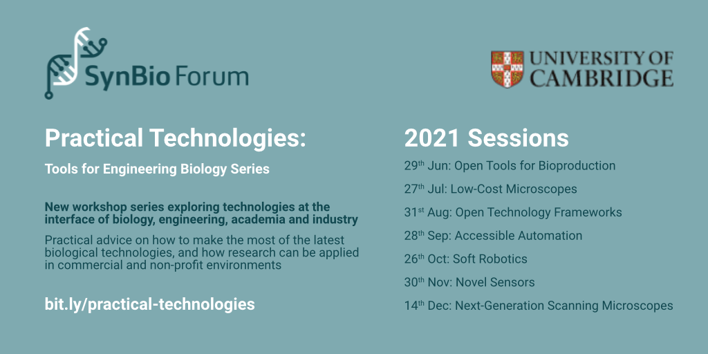SynBio Forum: Practical Technologies Series Practical Technologies: Tools for Engineering Biology Series - New workshop series exploring technologies at the interface of biology, engineering, academia and industry
. More info and schedule at
bit.ly/practical-technologies