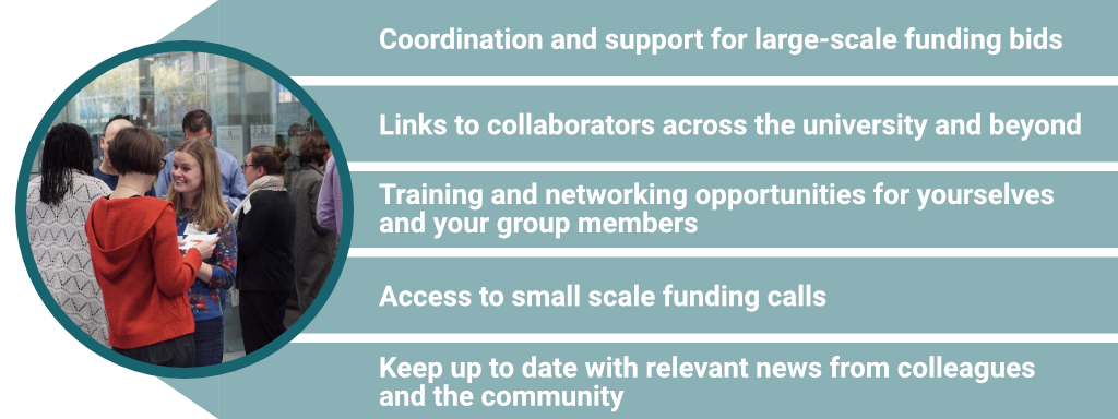Photo of a group of people at a conference with list of forms of support next to it. Text below.