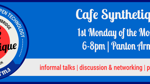 Cafe Synthetique logo of a red white and blue coaster with the text "Cafe Synthetique | 1st Monday of the Month | 6-8pm | Panton Arms | informal talks | discussion & networking | pub snacks & drinks"