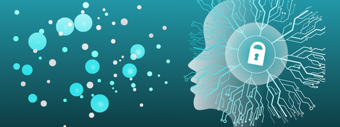 Illustration of AI-biological security. A head with an electronic circuit pattern radiating from it and a circle with a closed padlock in the centre.