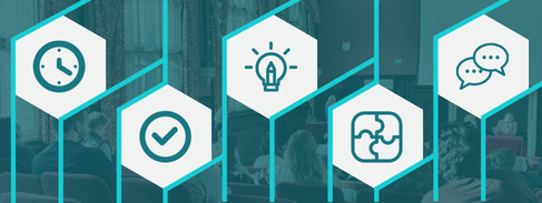 Photo of the EngBio Forum overlaid with five hexagons containing logos. The logos are: a clock, a tick box, a lightblub with a pencil inside, a puzzle with four pieces and two speech bubbles.