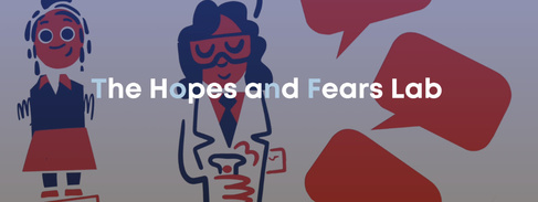 Illustration of a scientist and child talking to each other overlaid with the text "The Hopes and Fears Lab"