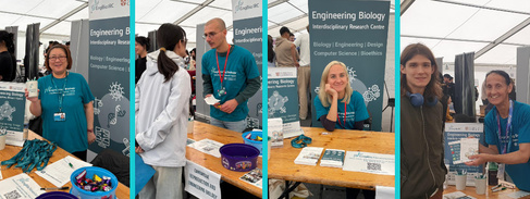 Collage of photos of young scientists wearing teal t-shirts in front of a stall with EngBio branding. Some of the people are smiling at the camera, some are chatting to fair-goers