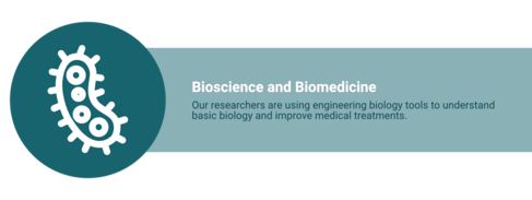 On the left, a white icon on a circular dark teal background shows a bacterial cell. On the right is text reading “Bioscience and Biomedicine. Our researchers are using engineering biology tools to understand basic biology and improve medical treatments."