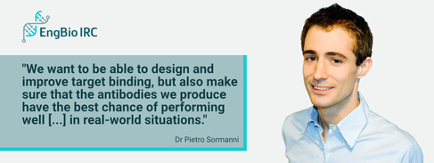 Photo of Dr Pietro Sormanni along with the quote “We want to be able to design and improve target binding, but also make sure that the antibodies we produce have the best chance of performing well as therapeutics, or useful diagnostic reagents, in real-wo