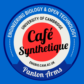 Red white and blue bulls eye with text reading "Cafe Synthetique. Engineering Biology and Open Technology. University of Cambridge. Panton Arms. engbio.cam.ac.uk"