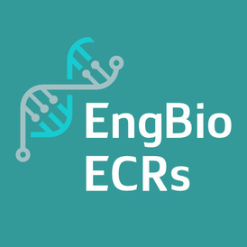 EngBio Early Career Researchers logo. Illustration of a double helix and text reading "EngBio ECRs" on a mid-teal background