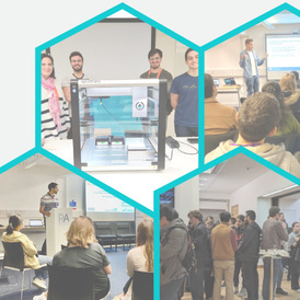 Four overlapping hexagons with photos of young scientists giving talks and attending workshops