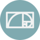 Image of a white icon on a circular light teal background. Icon shows the golden ratio.