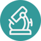 Image of a white icon on a circular teal background. Icon shows a microscope.