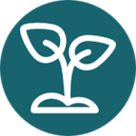  Image of a white icon on a circular dark teal background. Icon shows a plant growing out of some soil.