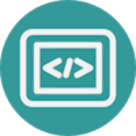 Image of a white icon on a circular teal background. Icon shows a screen with the coding symbols </> in the centre.