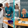 Collage of photos of young scientists wearing teal t-shirts in front of a stall with EngBio branding. Some of the people are smiling at the camera, some are chatting to fair-goers
