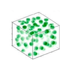 Illustrative figure of five cubes filled with green sphere of algal agregates. The spheres decrease in size and increase in density through the sequence.