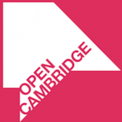 Open Cambridge Logo. Bright pink background with a jaunty angled white shape cutting across. Pink text int he shape reads 'Open Cambridge' in capitals.