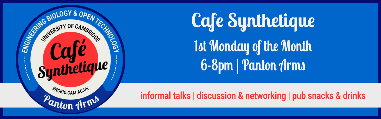 Cafe Synthetique Banner Cafe Synthetique logo of a red white and blue coaster with the text "Cafe Synthetique | 1st Monday of the Month | 6-8pm | Panton Arms | informal talks | discussion & networking | pub snacks & drinks"